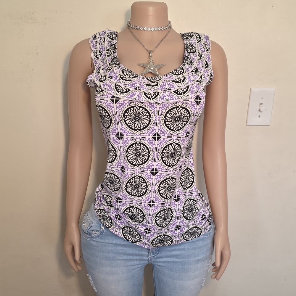 New York & Company Lilac and Black Patterned Ruffle Neck Tank